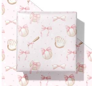 lot 31152 image: SaringSwoon Baseball Wrapping Paper for Kids Girls - Pink Bow Sports Gift Wrap With Bats, Balls, Bows and Stars for Birthday, Baby Shower Graduation - 28x40 Inches, 4 Sheets