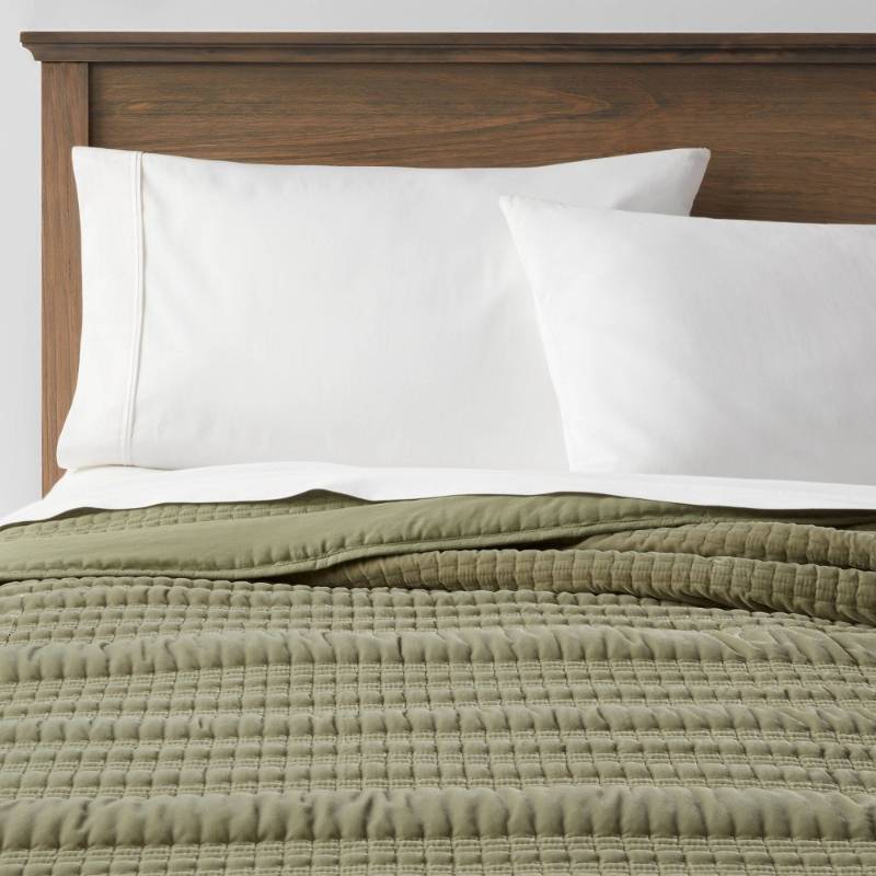 lot 14634 image: TwinTwin Extra Long Lofty Velvet Quilt Green - Threshold OEKO-TEX Certified, Polyester Fill, Machine Washable