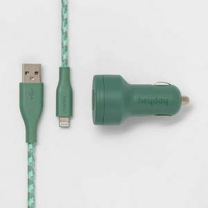 lot 1402 image: 6ft  Lightning to USB-A Cable 2-Port 3.1A Car Charger - heyday Evergreen