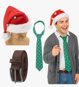 lot 16345 image: Newcotte 3 Pcs Christmas Men 1980s Movie Costume Red Bell Santa Hat Green Christmas Tie Brown Mens Belt Accessory for Adults Halloween Holiday Party - Retail $15