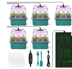 lot 16348 image: 5 Packs Seed Starter Tray with Grow Lights and Heat Mat, Seedling Starter Trays with Timing Controller Adjustable Brightness, Thicken Trays with Humidity Domes Heightened Lids - Retail $30