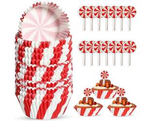 lot 16361 image: Vesici 200 Pcs Christmas Cupcake Liners and 200 Pcs Cupcake Toppers Candy Pattern Baking Cups Cake Wrappers Greaseproof Muffin Liners for Christmas Holiday Birthday Theme Party Supplies