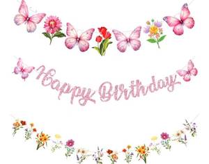 lot 23689 image: 3 Sets of 3Pcs Wildflowers Happy Birthday Banners, Pink Wildflower Butterfly Party Decorations, Garland Flower Butterfly Theme Banners for Women Girl Birthday Baby Shower Party Decor Photo Booth Props