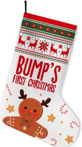 lot 31166 image: Bumps First Christmas Stocking, Christmas Stocking for New Mom New Dad Pregnancy Announcement Gift Gingerbread Man Holiday Xmas Stocking Home Fireplace Decorations 16.5 Inches