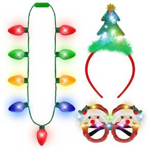lot 31173 image: Blowata Christmas Party Favors, 3PCS Light Up Christmas Necklace Headband Glasses Set, Xmas Bulb Necklace Xmas Tree Lights Holiday Headbands LED Flashing Santa Eyeglasses Bulk for Xmas Gift