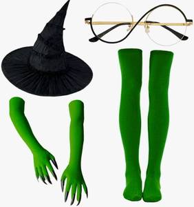 lot 31212 image: Witch Costume Accessory Set  Black Hat, Round Glasses, Green Claw Gloves & Matching Green Socks for Halloween, Cosplay & Dress-Up