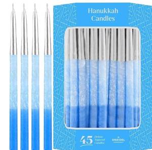 lot 31231 image: The Dreidel Company Deluxe Hanukkah Candles Metallic Silver with Blue Frost Hanukkah Frosted Premium Tapered Hand Decorated Chanuka Candles Set of 45. 1-Hour Burn Time