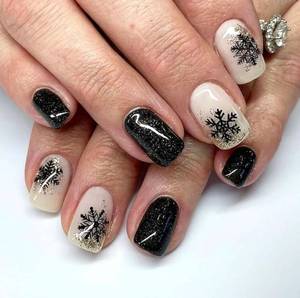lot 31234 image: Christmas Nails Press ons Square Press on Nails Medium Fake Nails with Black Snowflake Golden Glitter Design Glue on Nails Xmas Black Full Cover False Nails Christmas Stick on Nails for Women 24Pcs