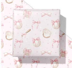 lot 31237 image: SaringSwoon Baseball Wrapping Paper for Kids Girls - Pink Bow Sports Gift Wrap With Bats, Balls, Bows and Stars for Birthday, Baby Shower Graduation - 28x40 Inches, 4 Sheets