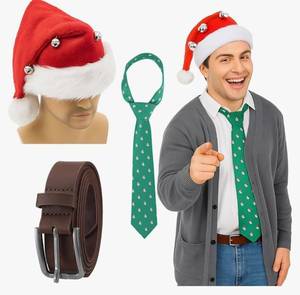lot 31239 image: Floraltop Newcotte 3 Pcs Christmas Men 1980s Movie Costume Red Bell Santa Hat Green Christmas Tie Brown Mens Belt Accessory for Adults Halloween Holiday Party