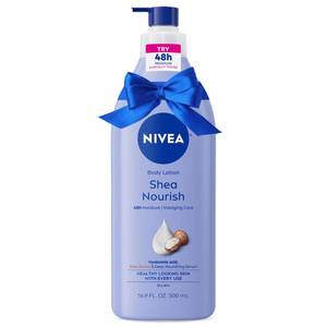 lot 3063 image: NIVEA Shea Nourish Body Lotion for Dry Skin with Hyaluronic Acid, Shea Butter and Deep Nourishing Serum, 48-Hour Body Moisturizer, 16.9 Fl Oz Pump Bottle