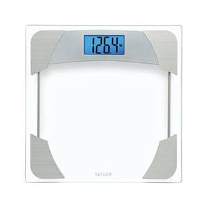 lot 3180 image: Taylor Digital Scales for Body Weight, 400 LB Capacity, Unique Blue LCD, Stainless Steel Accents, Glass Platform, 12.2 x 12.2 Inches, Clear