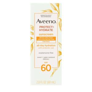 lot 3205 image: Aveeno Protect  Hydrate Face Sunscreen, SPF 60 Broad Spectrum, for Sensitive Skin, Travel Size, Water Resistant (80 minutes), Paraben, Oxybenzone & Oil Free, 2 fl oz