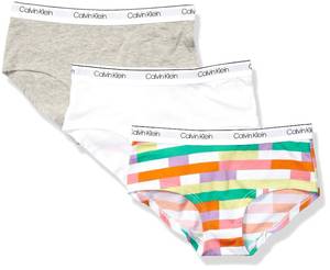 lot 3261 image: Calvin Klein Girls Modern Cotton Hipster Underwear, MultiPack Ck Fragment Print, White, Heather Grey - 3 Pack Small