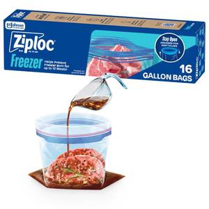 lot 3322 image: Ziploc Gallon Food Storage Freezer Bags, Stand-Up Bottom, Easy to Fill, 16 Count (Packaging May Vary)