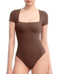 lot 3353 image: PUMIEY Square Neck Bodysuits For Women Short Sleeve Body Suit Slimming Going Out Tops Womens Clothing Chocolate,Large