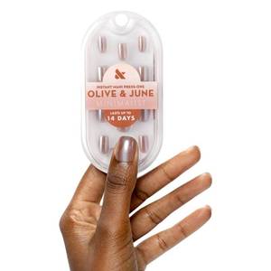 lot 3405 image: Olive & June Mani Minimalist Instant Press-On Nails  (Glue) Extra Short, Squoval 42 Fake Nails, 21 Sizes  Non-Toxic, Long-Lasting Barely-There Look  Salon-Quality at Home  Taupe Jelly Chrome