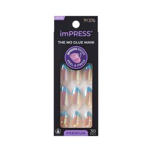 lot 3591 image: KISS imPRESS No Glue Mani Press On Nails, Premium, Best Life, Blue, Medium Size, Almond Shape, Includes 30 Nails, Prep Pad, Instructions Sheet, 1 Manicure Stick, 1 Mini File