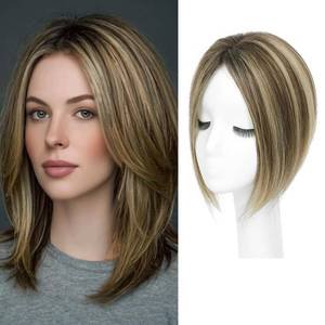 lot 3595 image: YAMI Hair Toppers for Women Fluffy Human Hair Topper 10inch Handmade Swiss Base Hairpieces 360° Cover Hairloss (Medium Brown Mix Blonde with Dark Brown Root)
