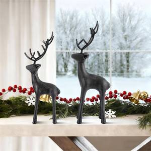 lot 1726 image: Cinnvoice 2 PCS Cast Iron Christmas Deer Figurines - Decorative Christmas Deer Tabletop Statue & Reindeer Sculpture Centerpiece for Living Room, Fireplace, Bedroom, Home Table Decorations