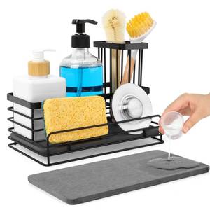 lot 1730 image: DiatZeno Sponge Holder for Kitchen Sink �� Rustproof Sink Caddy & Kitchen Organizer with High Brush Holder, Fast Drying Diatomite Base, 304 Stainless Steel Dish Sponge Rack(Black)