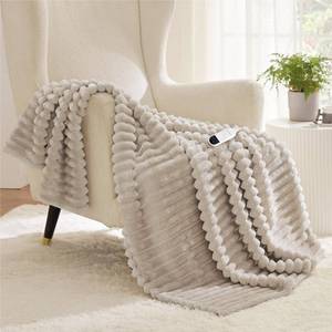 lot 1734 image: Bedsure Heated Blanket Electric Throw - Thick Striped Flannel Electric Blanket, Heating with 4 Time Settings, 6 Heat Settings, and 3-Hour Timer Auto Shut Off, Gift for Grandma (50x60 inches, Linen)