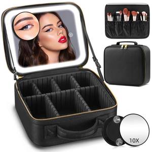lot 1735 image: Jadazror Makeup Bag with Mirror and Light 3 Colors, Travel Make up Bag with Mirror Portable Lighted Makeup Case Organizer Cosmetic Case with 2-Layers Adjustable Dividers & 10X Magnifying Mirror(Black)