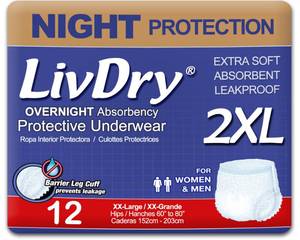 lot 1743 image: LivDry 2XL Overnight Adult Diapers for Women and Men, XXL Incontinence Underwear, 60��-80 Waist, Disposable Pull-On Briefs, XX-Large, 12 Pack