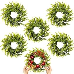 lot 1751 image: 6 Pcs Christmas DIY Gree Wreath 10 Inch Green Artificial Wreaths DIY Faux Plain Wreaths Front Door Green Farmhouse Cabinets Wreath Indoor Outdoor Wall Decor(Pine Needle)
