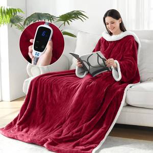 lot 1753 image: Sealy Electric Blanket Wearable with Foot Pocket, Electric Snuggle Blanket with Sleeves, Flannel & Sherpa Heating Throw with 6 Heat Settings & 2-10 Hours Auto Shut Off, 50  7018, Red
