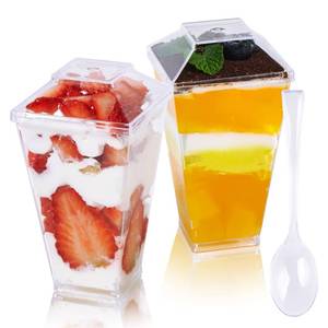 lot 1754 image: JOLLY CHEF 100 Pack 3 oz Mini Dessert Cups with Spoons and Lids, Square Tall Clear Plastic Parfait Appetizer Cup Small Serving Bowl for Party Desserts