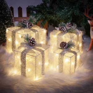 lot 1760 image: COVFEVER Set of 4 Christmas Lighted Gift Boxes, Pre-lit Light up Present Set with Different Sizes for Holiday Indoor Outdoor Decorations - Battery Operated(Warm White)