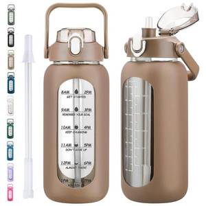 lot 1764 image: kytffu 64oz Glass Water Bottles with Straw, Half Gallon Motivational Glass Bottle with Silicone Sleeve and Time Marker, 2L Leakproof Large Glass Water Jug for Gym Home Office,Amber