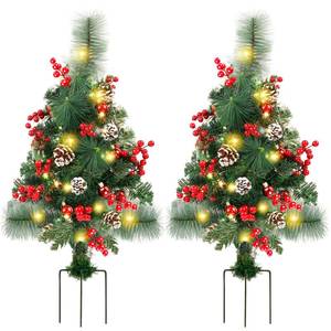 lot 1766 image: Lulu Home 2 Pack 2 Ft Pre-Lit Pathway Christmas Trees with Stake, Battery Operated 60 LED Lighted Small Christmas Trees Yard Stake Outdoor Decoration with Red Berries, Red Balls, Pine Cones