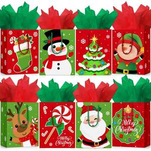 lot 2008 image: Cholemy 16 Pcs Medium Thick Christmas Gift Bags with Tissue Paper Christmas Kraft Paper Goodie Bags with Handles for Xmas Gift Wrapping Holiday Party Supplies 10 x 8 x 4.4 Inch(Lovely)