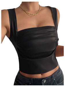 lot 2020 image: SOLY HUX Womens PU Leather Square Neck Tank Tops Sleeveless Slim Fitted Party Club Crop Top Pure Black Large