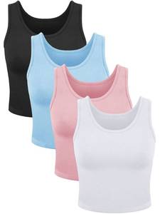 lot 2026 image: A 4 Pieces Women Basic Crop Tank Top Short Sleeveless Sports Crop Top (Pink, Black, Blue, White, Large)
