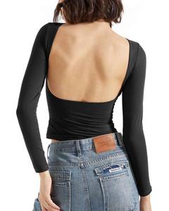 lot 2045 image: SUUKSESS Women Backless Going Out Tops Double Lined Open Back Basic Long Sleeve T Shirts (Jet Black, M)