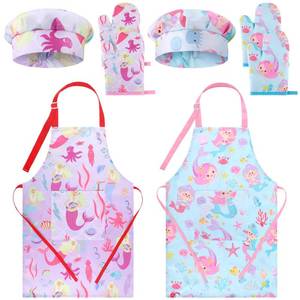 lot 2077 image: Hercicy 8 Pcs Kids Apron and Chef Hat Set for Cooking Painting Girls Toddler 5-12 Years Child Aprons Hat Oven Mittens(Bright Color, Mermaid)