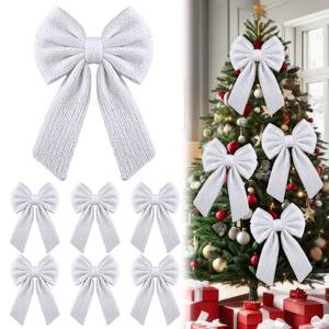lot 2088 image: Canlierr 6 Pcs Knitted Large White Christmas Bows 18in Big Crochet Christmas Tree Bow Neutral Ribbon Bow Hanging for Tree Topper Winter Party Wreath Garland Fireplace Holiday Decorations