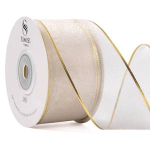 lot 2102 image: Ivory Christmas Ribbon Wired Sheer Organza Ribbon with Gold Sliver Border for Christmas Tree, 1.5 Inch 25 Yards