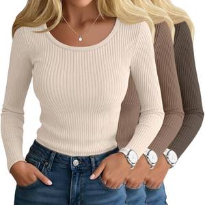 lot 2110 image: Ficerd 3 Pack Womens Ribbed Long Sleeve Tops Scoop Neck Slim Fit Shirts Cotton Casual Fall Going Out Basic Tee(Cream, Cookie, Mocha,X-Large)