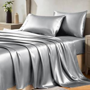 lot 2128 image: CozyLux Satin Sheets King Size Sheet Set - 4 Piece Silky King Sheets, Luxury Light Grey King Bed Set with Smooth and Soft Microfiber, Includes 1 Fitted Sheet, 1 Flat Sheet and 2 Pillowcases