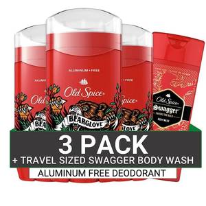 lot 2129 image: Old Spice Aluminum Free Deodorant for Men, 247 Odor Protection, 247 Freshness & Lasting Scent, Bearglove Scent, 3.0 oz with Travel Size Swagger Body Wash (Pack of 4)
