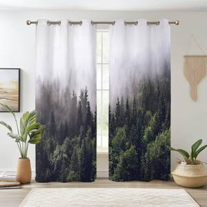 lot 2136 image: Renaiss Green Nature Forest Blackout Curtains, Foggy Mountain Forest Room Darkening Window Curtains for Bedroom Nature Woodland Curtains for Living Room, 42Wx63L inch 2 Panels Set