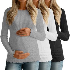 lot 2143 image: Sweetyweee 3 Pack Womens Maternity Ribbed Shirts Cotton Long Sleeve Pregnancy Tees Boat Neck Basic Tops Knit Clothes(Black, White, Light Gray,XX-Large)