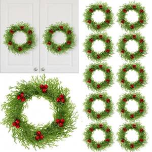 lot 2176 image: Knitgrip 14 Pcs Small Christmas Wreaths with Red Berry 8.27 Artificial Cedar Candle Rings Holder Mini Wreaths for Cabinets Christmas Holiday Table Centerpiece Window Chair Decor