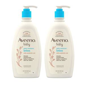 lot 3702 image: Aveeno Baby Daily Moisture Body Lotion for Sensitive Skin, Hypoallergenic Moisturizing Baby Lotion with Nourishing Oat to Deeply Moisturize Babys Skin, Fragrance-Free, 18 fl. oz, 2 Pack