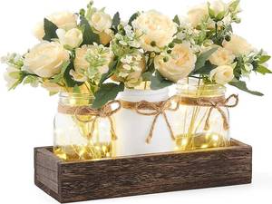 lot 3709 image: Mkono Mason Jar Lights Centerpiece Table Decor for Dining Room Farmhouse Wood Tray with 3 Jars Flowers Valentines Day Decoration for Coffee Table Kitchen Living Room Wedding
