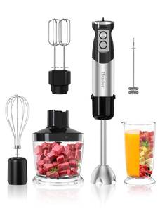 lot 3729 image: Handor 6-in-1 Hand Immersion Blender, 1000W 12 Speed Handheld Blender with 600ml Beaker, 500ml Chopper, Egg Whisk, Milk Frother, Stainless Steel Blades for Soup, Smoothie, Puree